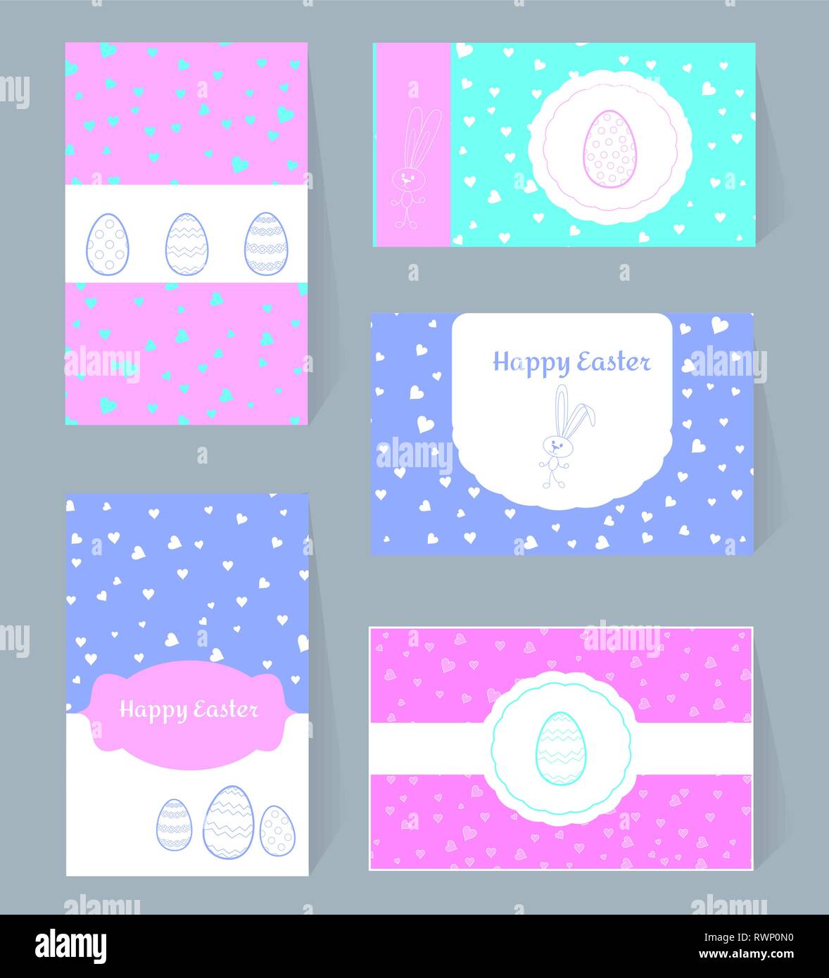 Vector card Happy Easter templates with eggs, rabbits, hearts. White frame border box. Illustration typographic design for spring greeting cards and i Stock Vector