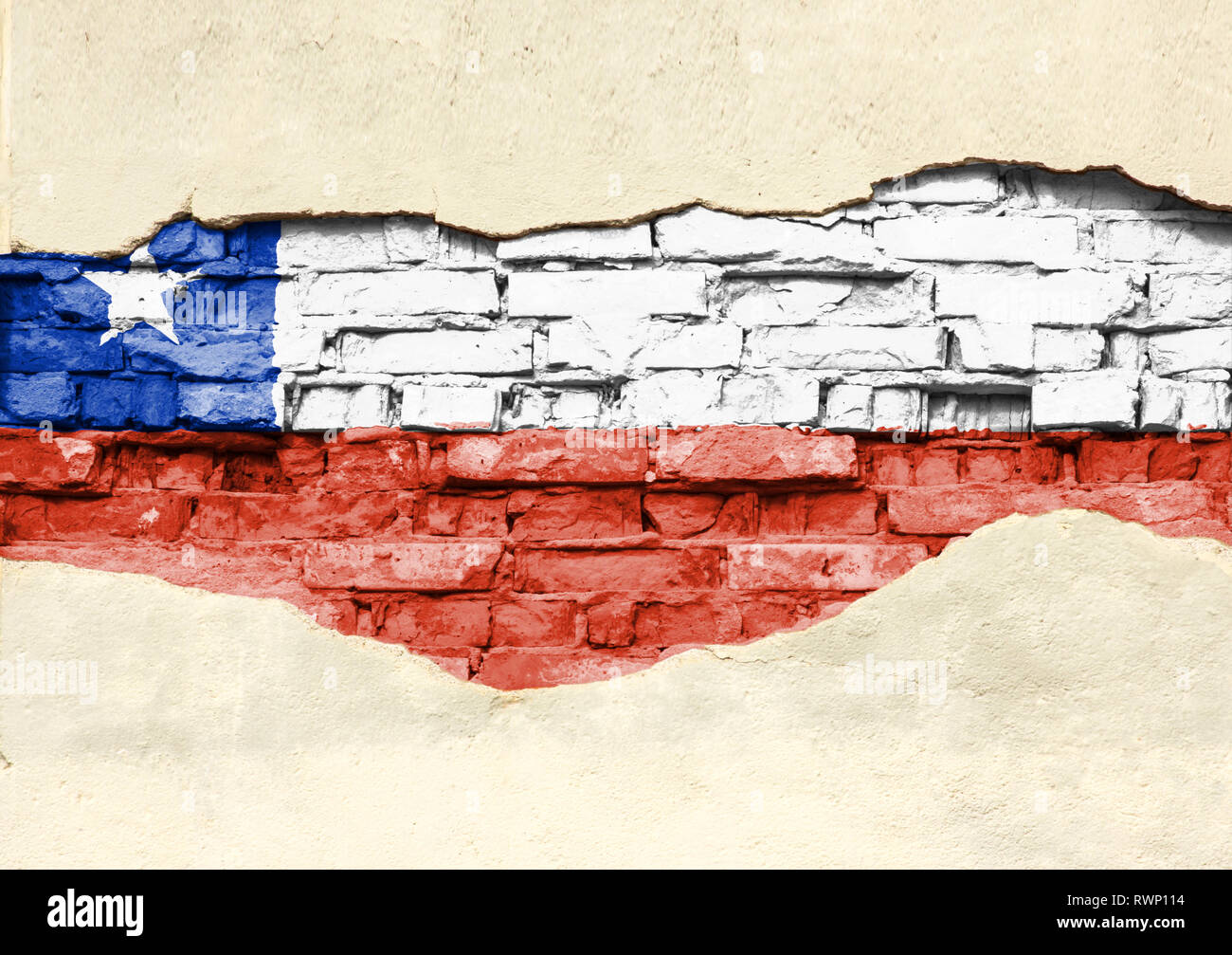 National flag of Chile on a brick background. Brick wall with partially ...