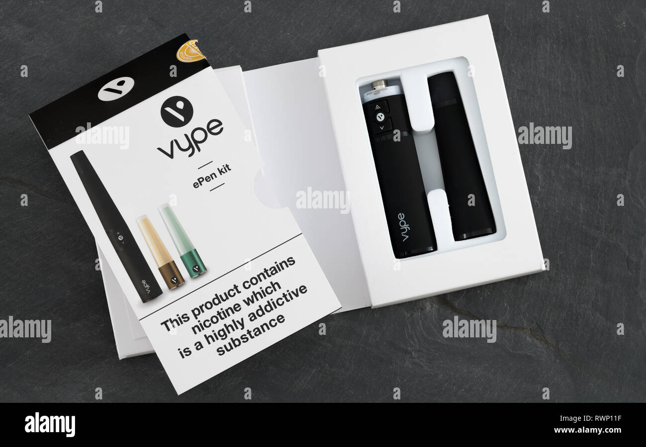 Box holding Vype ePen nicotine dispenser and caps Stock Photo - Alamy