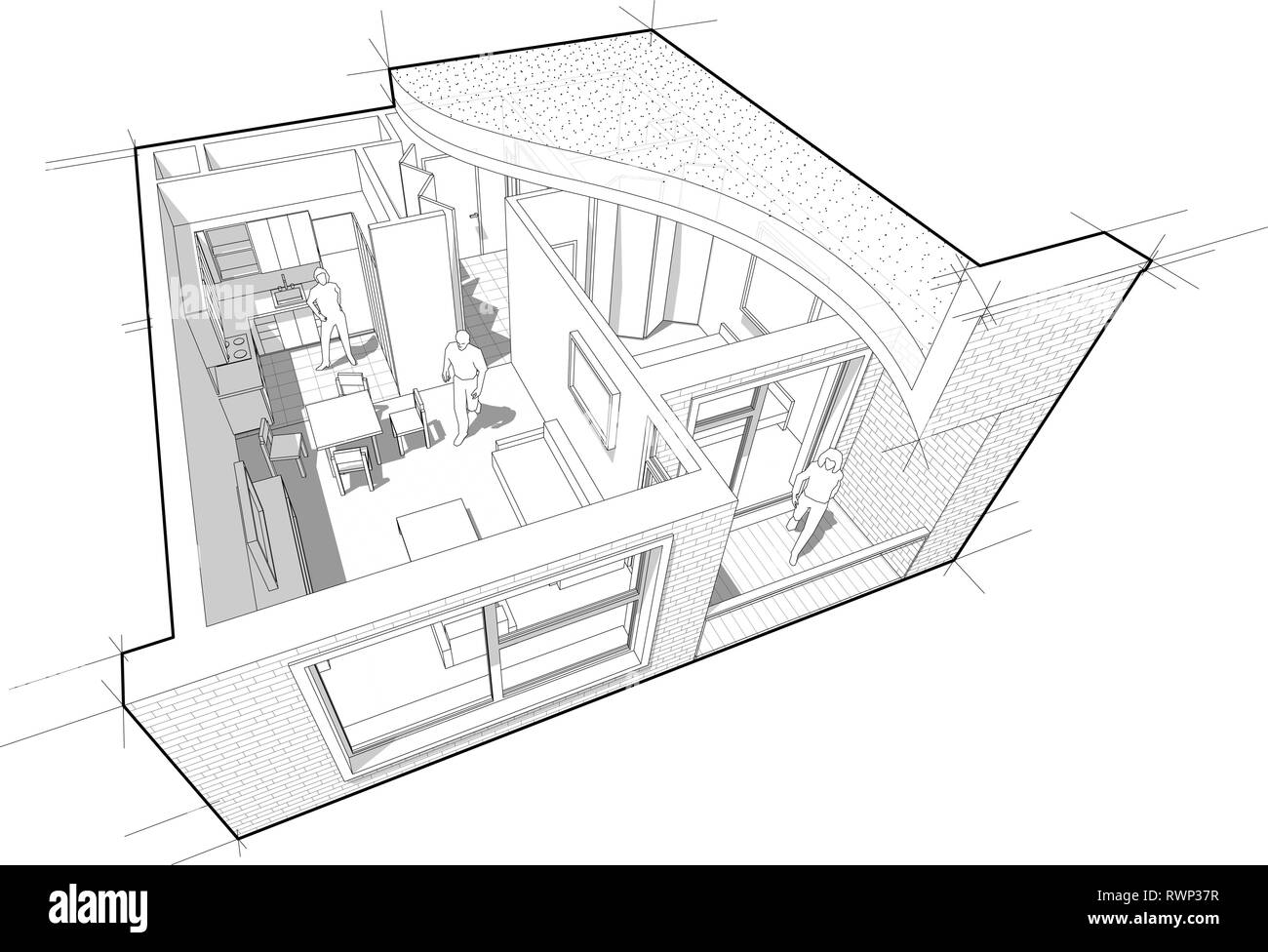 Perspective cutaway diagram of a one bedroom apartment completely furnished with flat roof cutaway over it Stock Vector