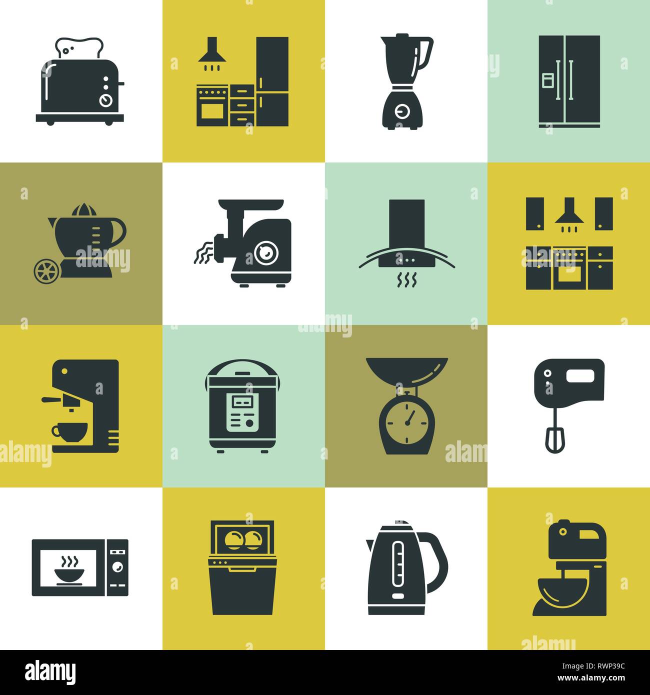 Set of clean icons featuring various kitchen utensils and cooking related objects. Stock Vector