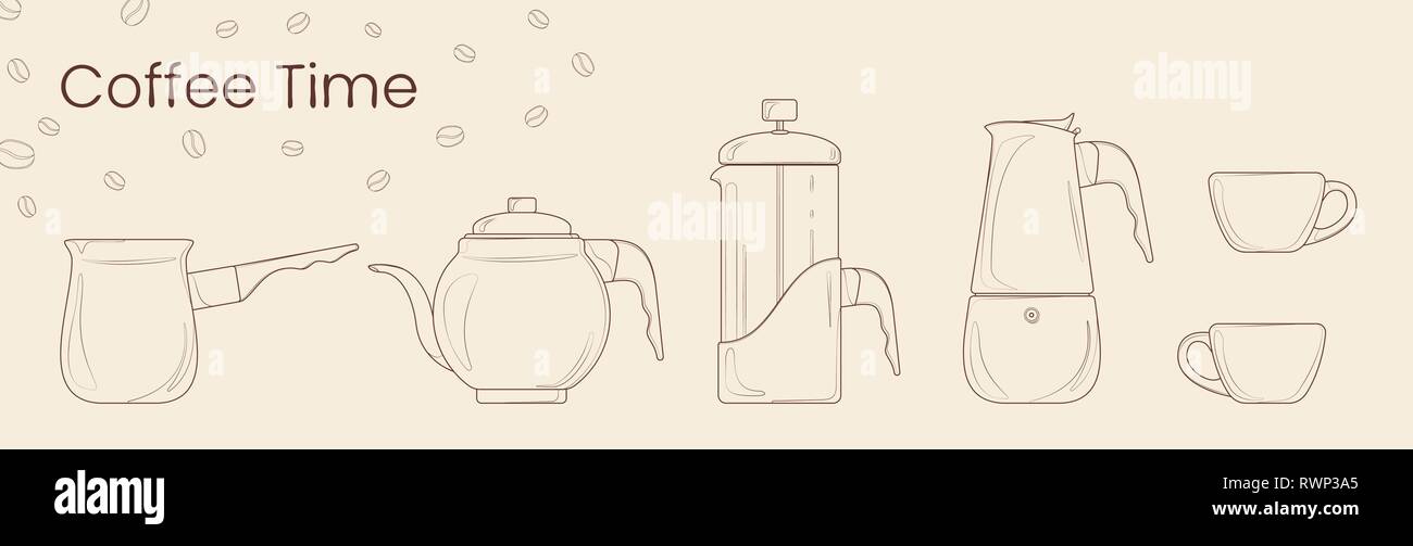 Set of line vector of coffee preparation. Cezve, coffee kettle, french press, moka pot and coffee cup for cafe. Isolated vector for coffee house, shop Stock Vector