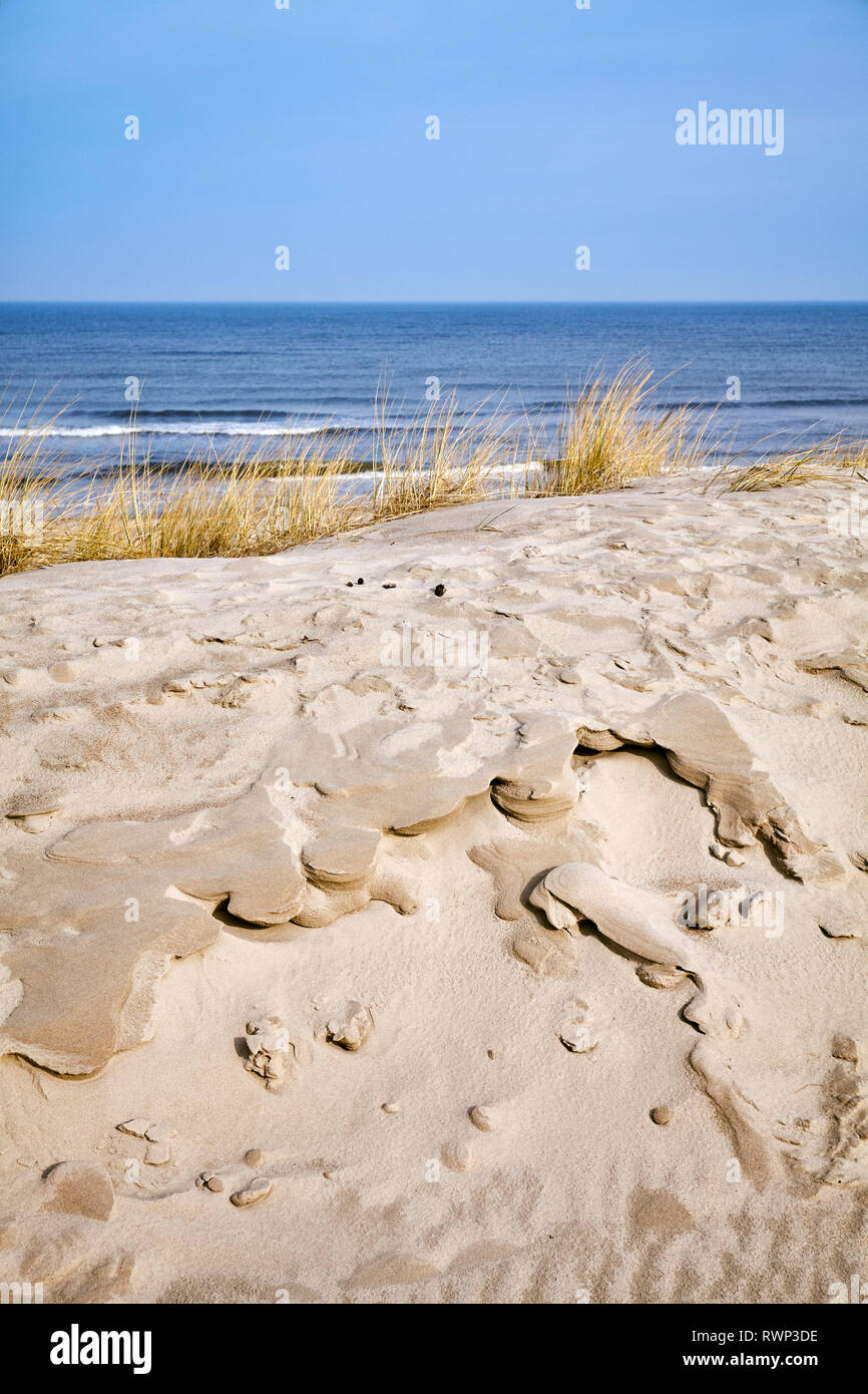 Dune with sea and blue sky in background, selective focus. Stock Photo