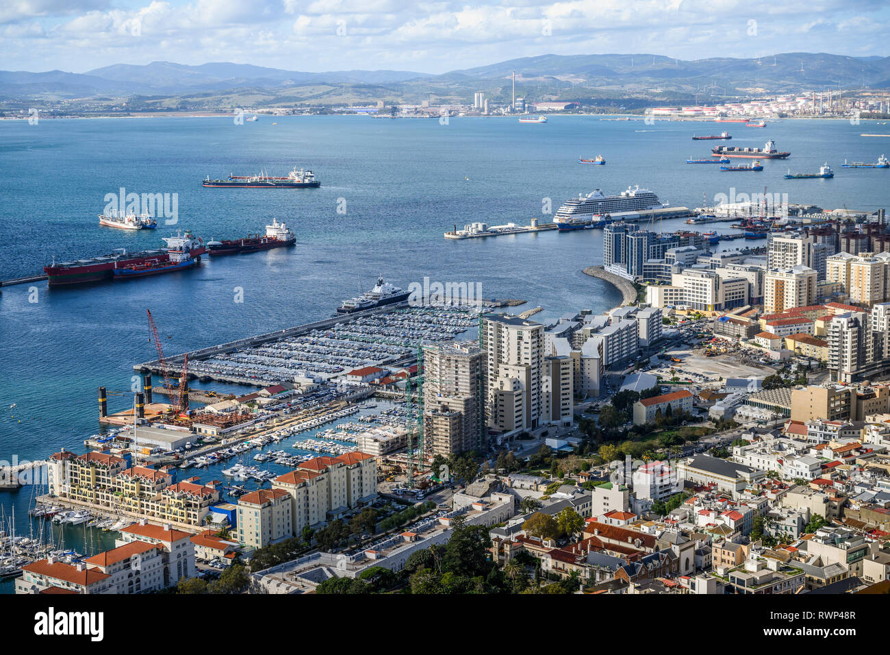 Ships in the harbour and a view of the coastline of Gibraltar
