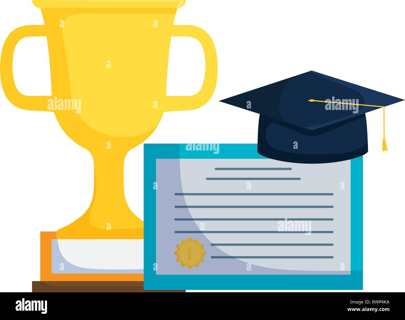 graduation certificate and hat with trophy cup vector illustration ...