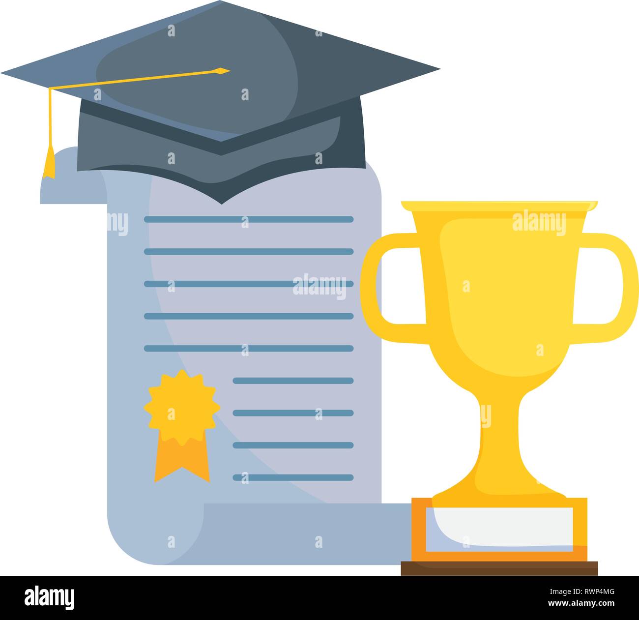 graduation certificate and hat with trophy cup vector illustration ...