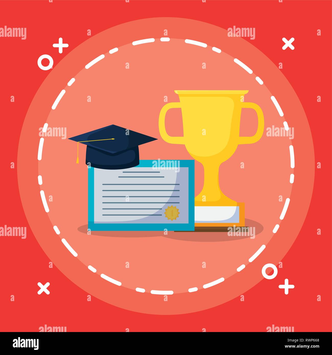 graduation certificate and hat with trophy cup vector illustration ...