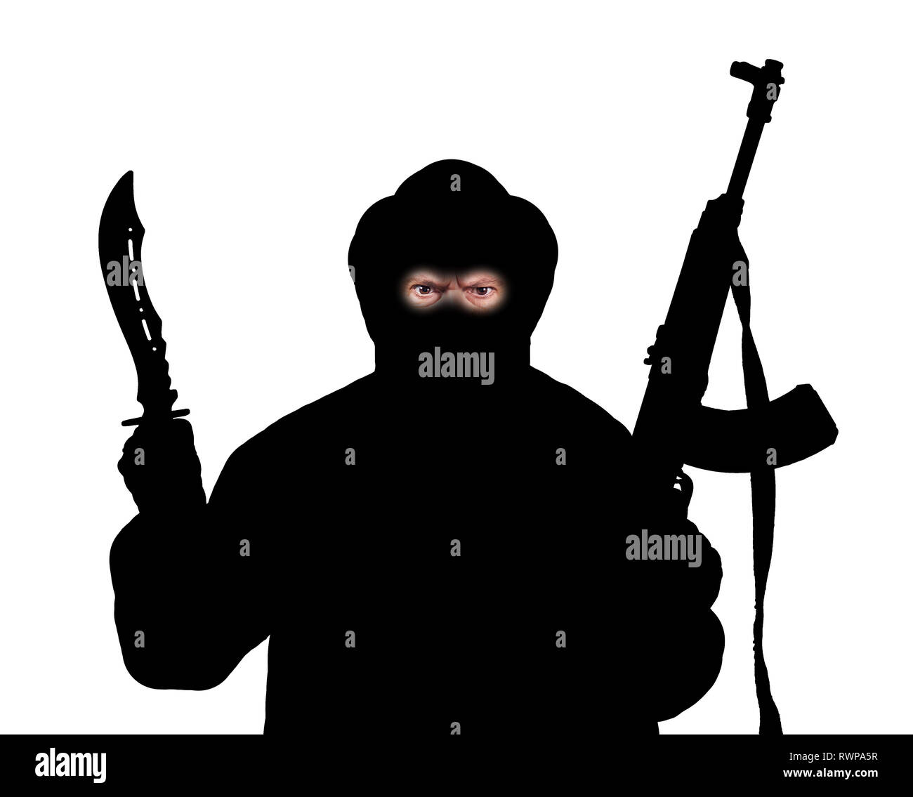 The black silhouette of man armed with kalashnikov and knife isolated on a white background. Stock Photo