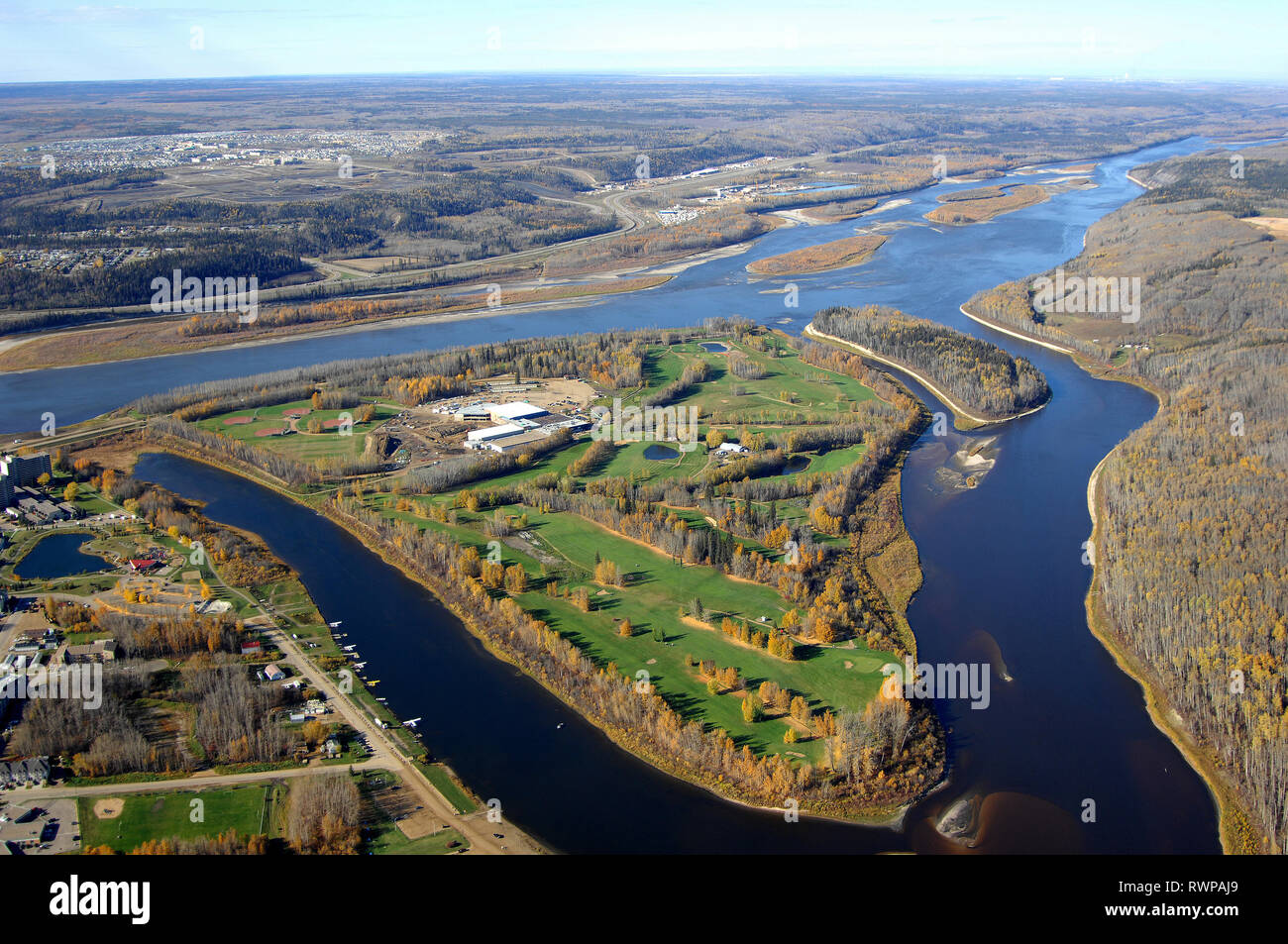 aerial, Macdonald Island, Athabasca River, Fort McMurray, Alberta Stock