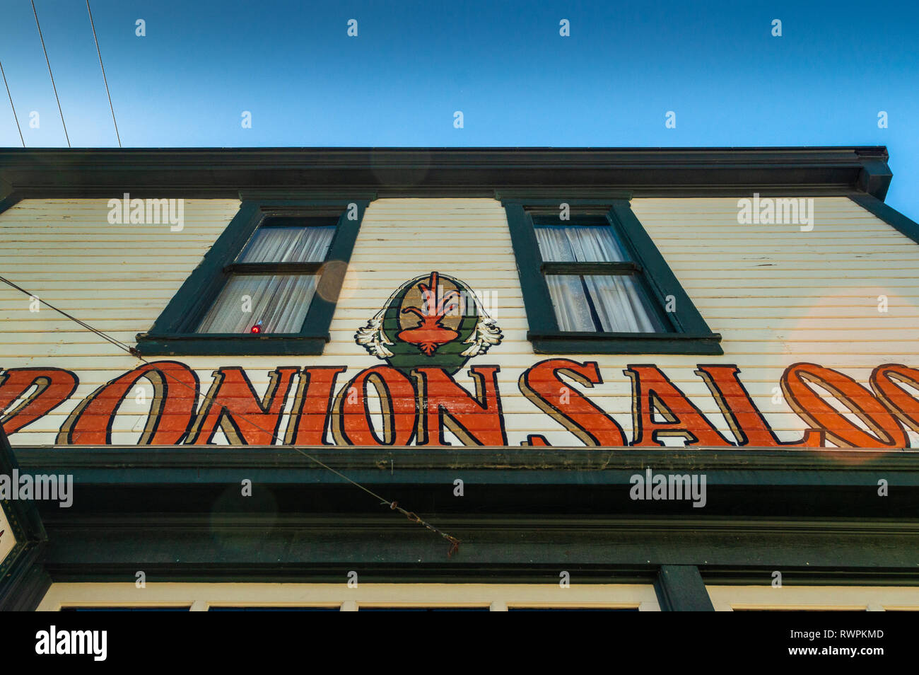 September 15, 2018 - Skagway, AK: Front of The Red Onion Saloon, Built in 1897, this historic brothel operates today as a restaurant, bar and museum. Stock Photo