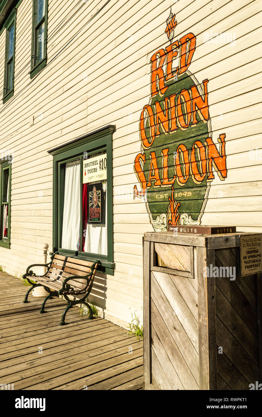 September 15, 2018 - Skagway, AK: Front of The Red Onion Saloon, Built in 1897, this historic brothel operates today as a restaurant, bar and museum. Stock Photo