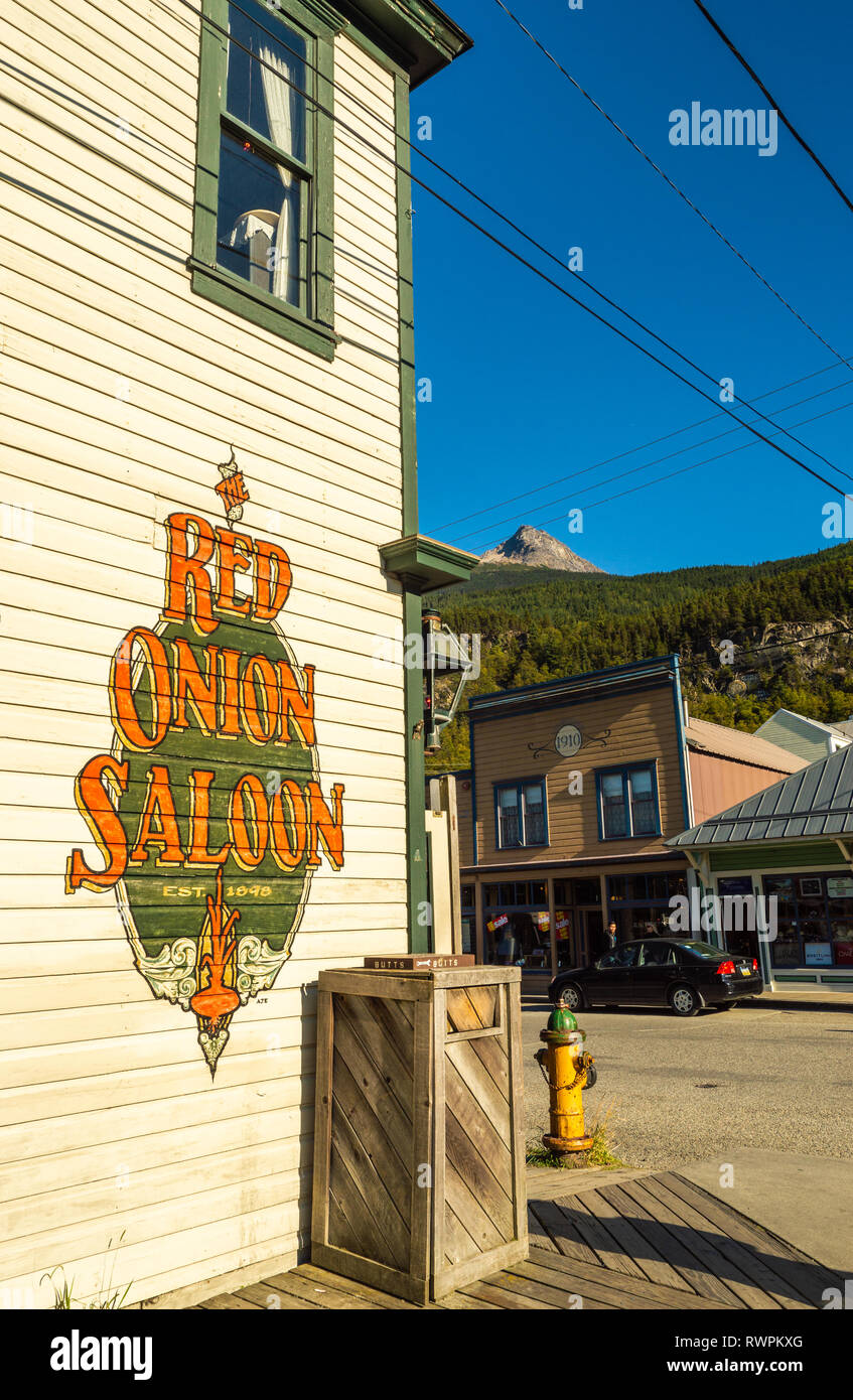 September 15, 2018 - Skagway, AK: Front of The Red Onion Saloon, Built in 1897, this historic brothel operates today as a restaurant, bar and museum. Stock Photo