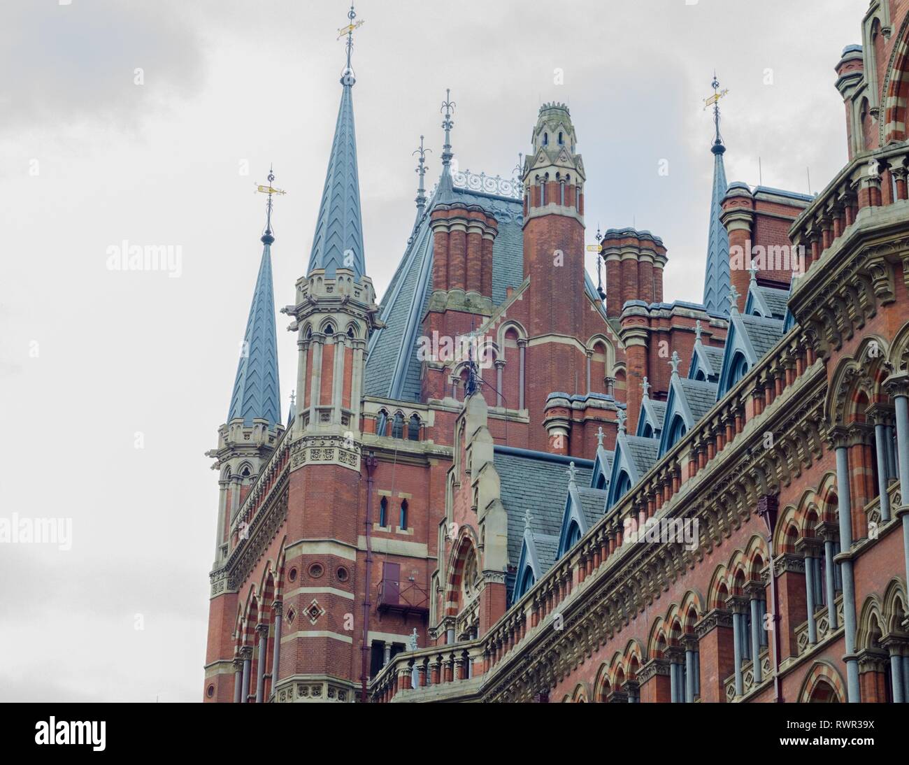 The iconic brick architecture of the St. Pancras train station in the London borough of Camden