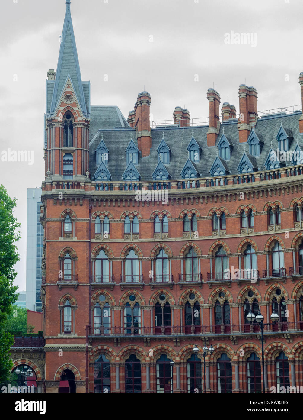 The iconic brick architecture of the St. Pancras train station in the London borough of Camden