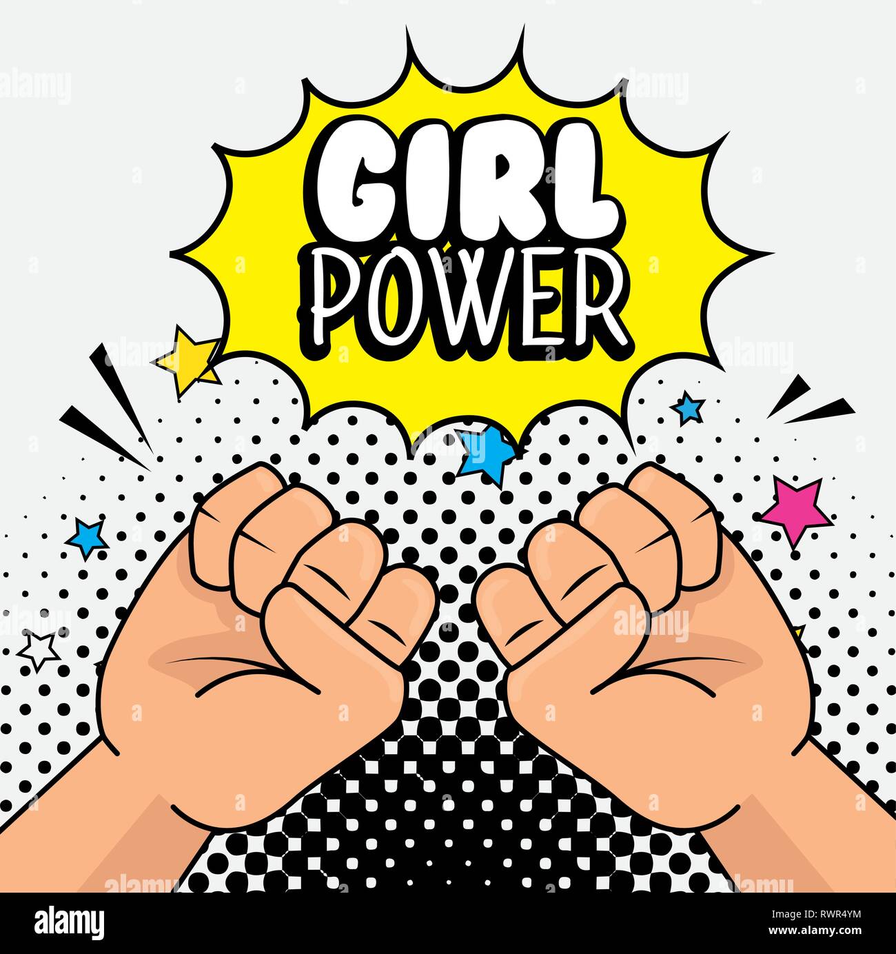fist hands up and star with girl power message vector illustration