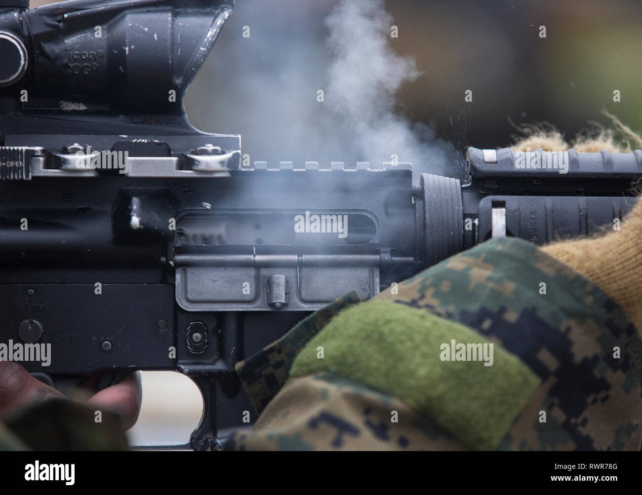 Recruits with Fox Company, 2nd Recruit Training Battalion, and Papa Company, 4th Recruit Training Battalion, pre-qualify for the rifle range on Parris Island, S.C., March 5, 2019.  For one week, recruits learn and practice the fundamentals of marksmanship before shooting live ammunition on range week.  (Official U.S. Marine Corps Photos by Lance Cpl. Yamil Casarreal) Stock Photo