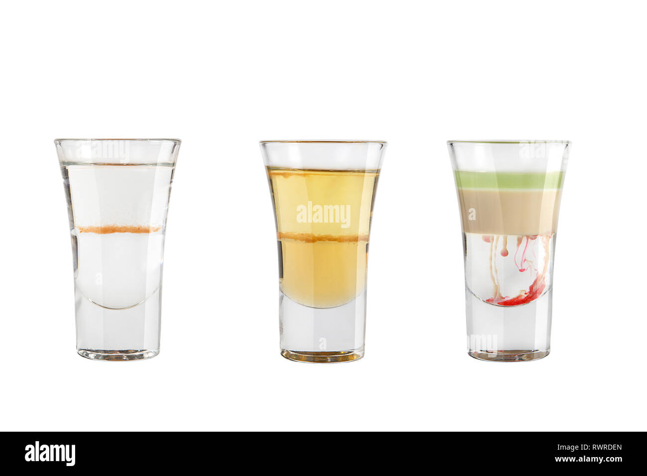 Set of alcohol shots on a white background. Three shots with popular