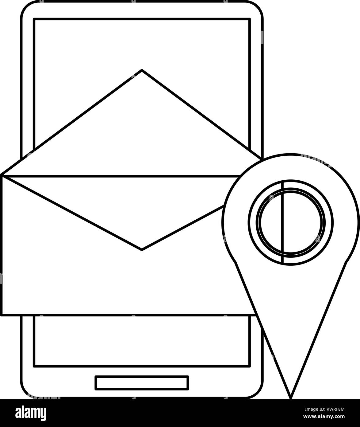 smartphone email sending and gps location pin in black and white Stock