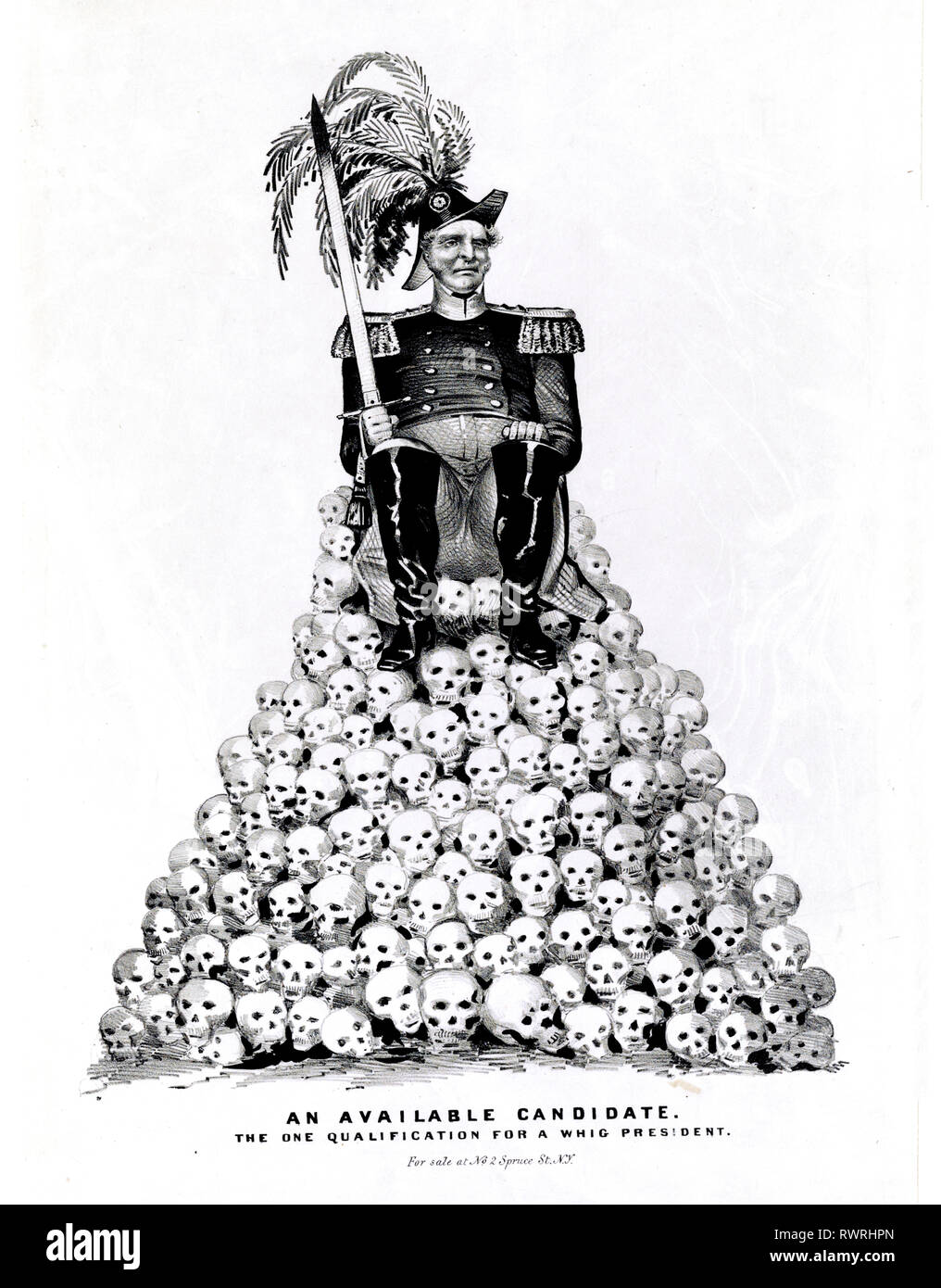 Political cartoon showing man in military uniform, with epaulets and plumed hat, holding sword and seated on pile of skulls. A scathing attack on Whig principles, as embodied in their selection of a presidential candidate for 1848. Here the 'available candidate' is either Gen. Zachary Taylor or Winfield Scott, both of whom were contenders for the nomination before the June convention. The figure sits atop a pyramid of skulls, holding a blood-stained sword. The skulls and sword allude to the bloody but successful Mexican War campaigns waged by both Taylor and Scott Stock Photo