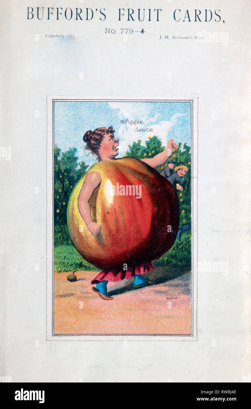 Print shows a large apple(?) with the arms, legs, and head of a woman, facing right, shaking her fist and scolding a group of boys who may be stealing apples from trees in the background. Stock Photo