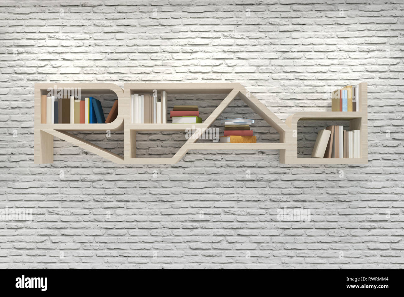Wooden read word shape of bookcase on white brick wall Stock Photo Alamy