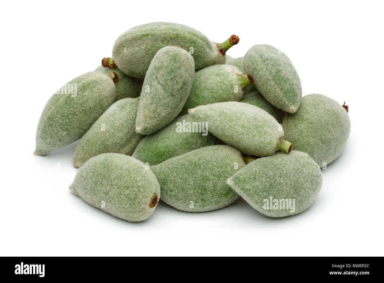 Fresh green almonds isolated on white background Stock Photo