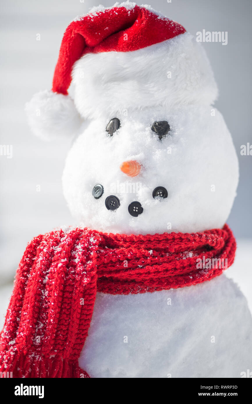 Smiling snowman with red santa hat and scarf Stock Photo