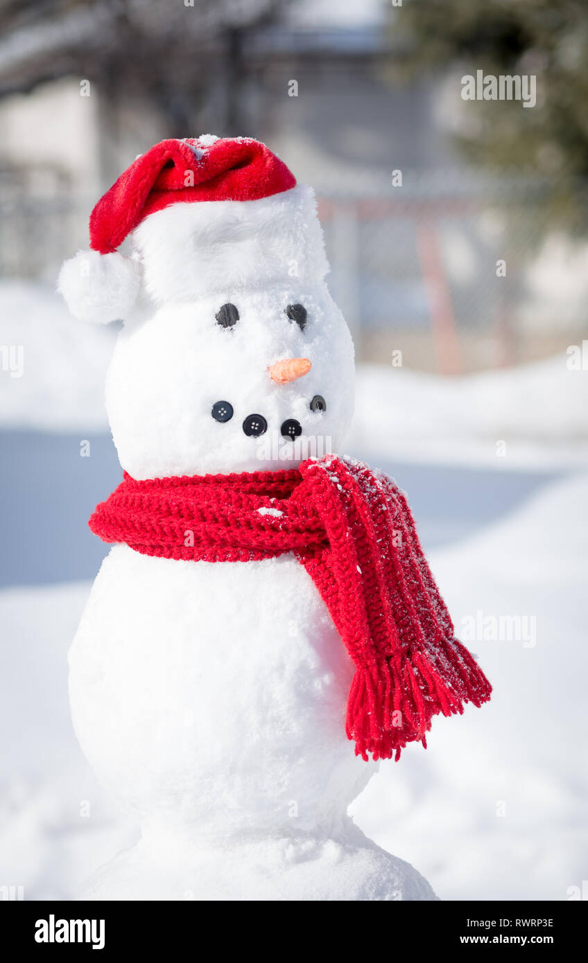 Smiling snowman with red santa hat and scarf Stock Photo