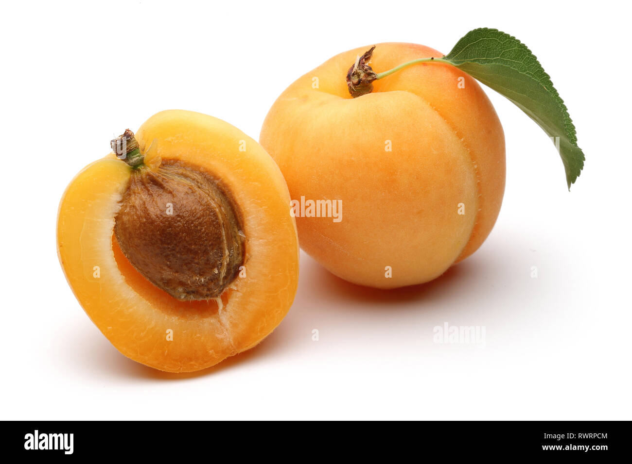 Fresh apricot fruits with leaf isolated on white background Stock Photo