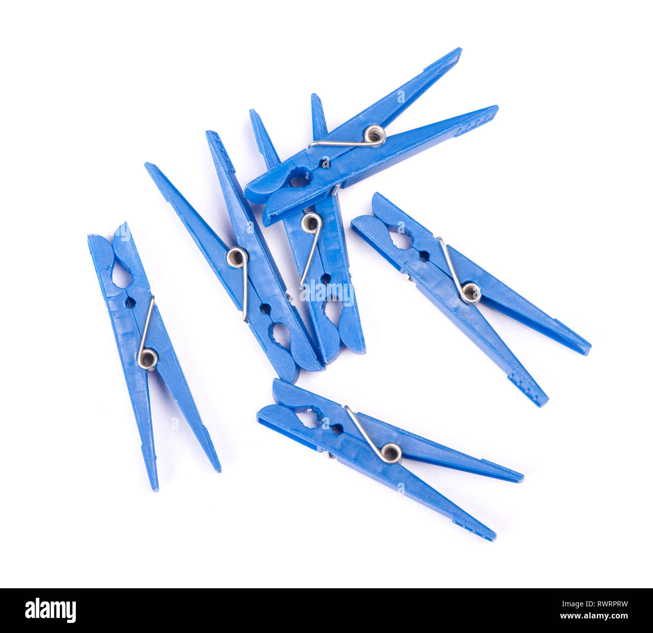 Blue plastic clothespins isolated on white background Stock Photo