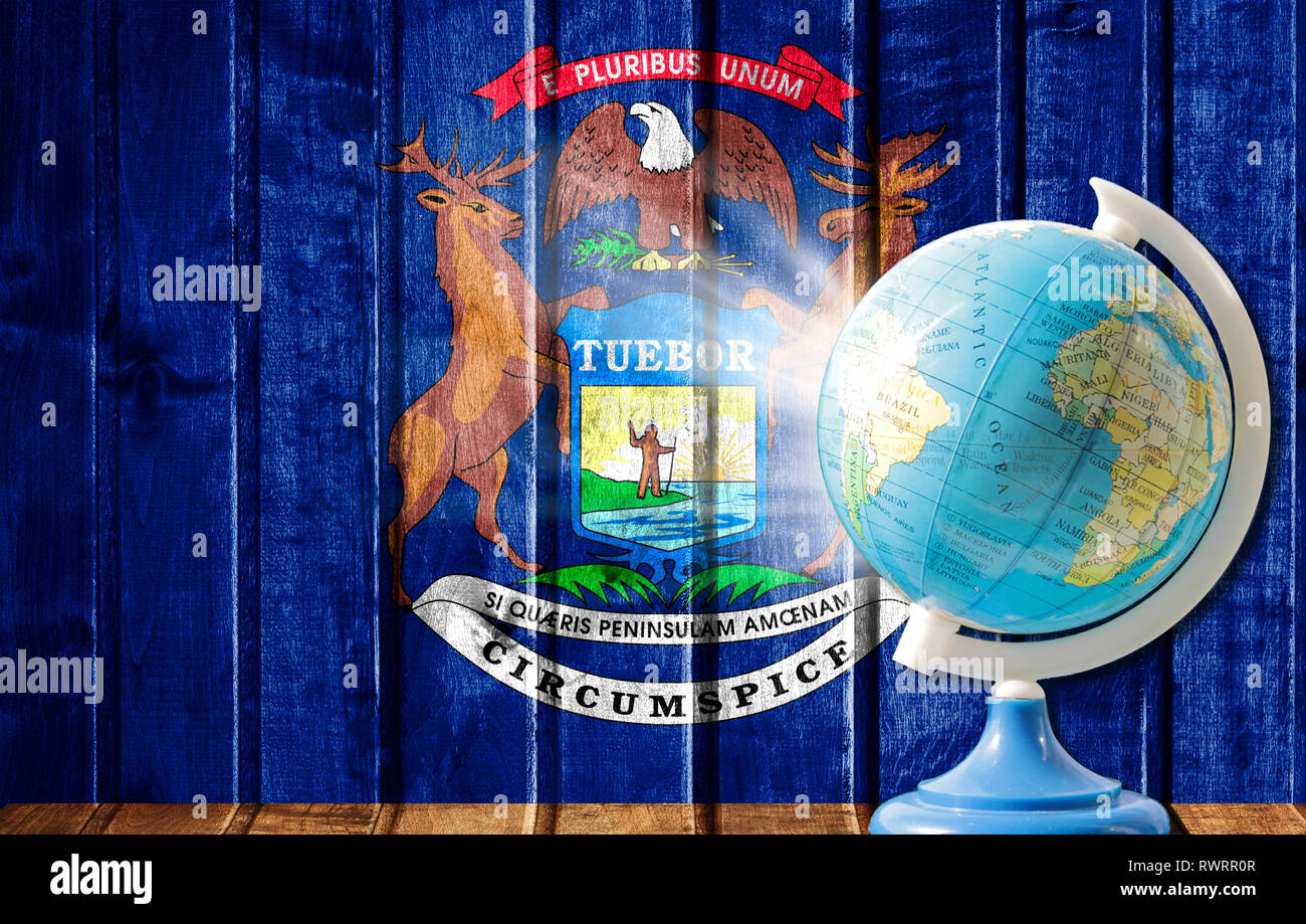 Michigan On A Map Hi Res Stock Photography And Images Alamy Globe With A World Map On A Wooden Background With The Image Of The Flag State Of Michigan The Concept Of Travel And Leisure Abroad RWRR0R