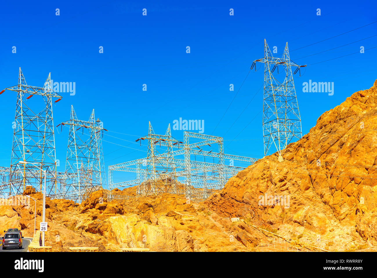 Famous and amazing Hoover Dam at Lake Mead, Nevada and Arizona Border. Power lines.  USA. Stock Photo
