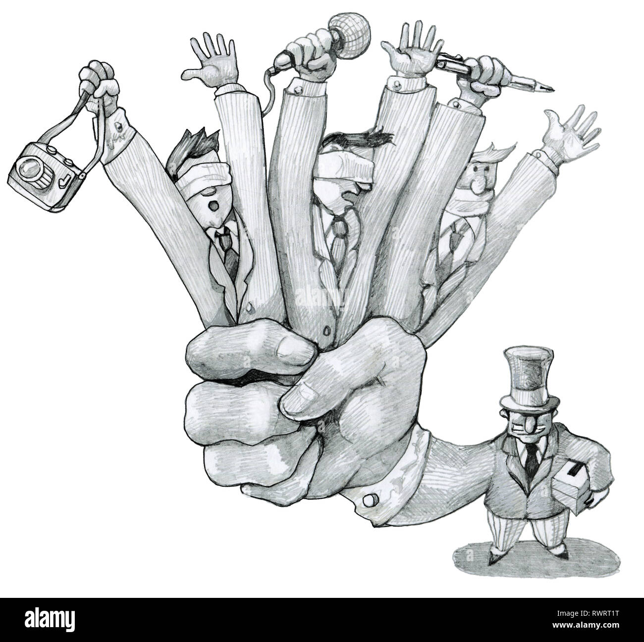 banker holds in fist three journalists they don't see they don't hear they don't speak political cartoon Stock Photo