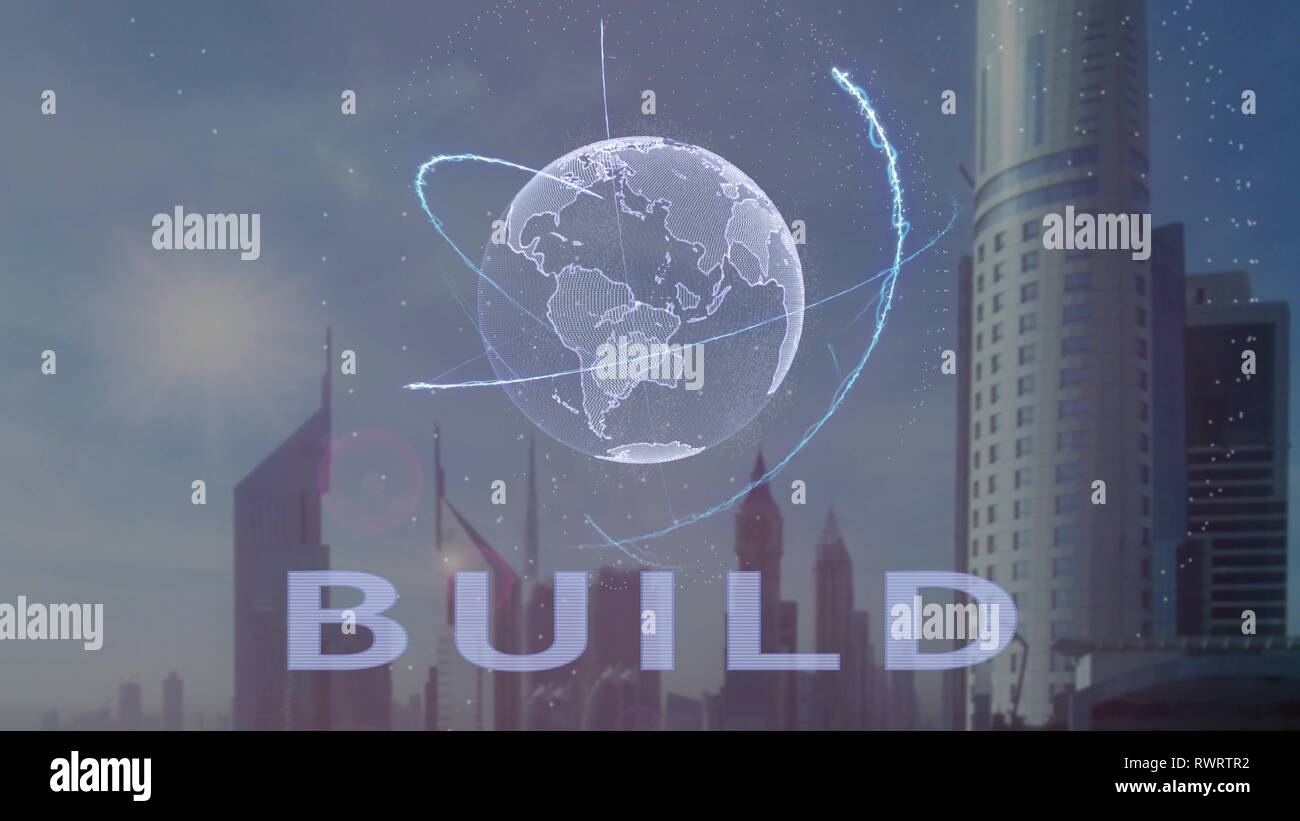 Build text with 3d hologram of the planet Earth against the backdrop of the modern metropolis. Futuristic animation concept Stock Photo