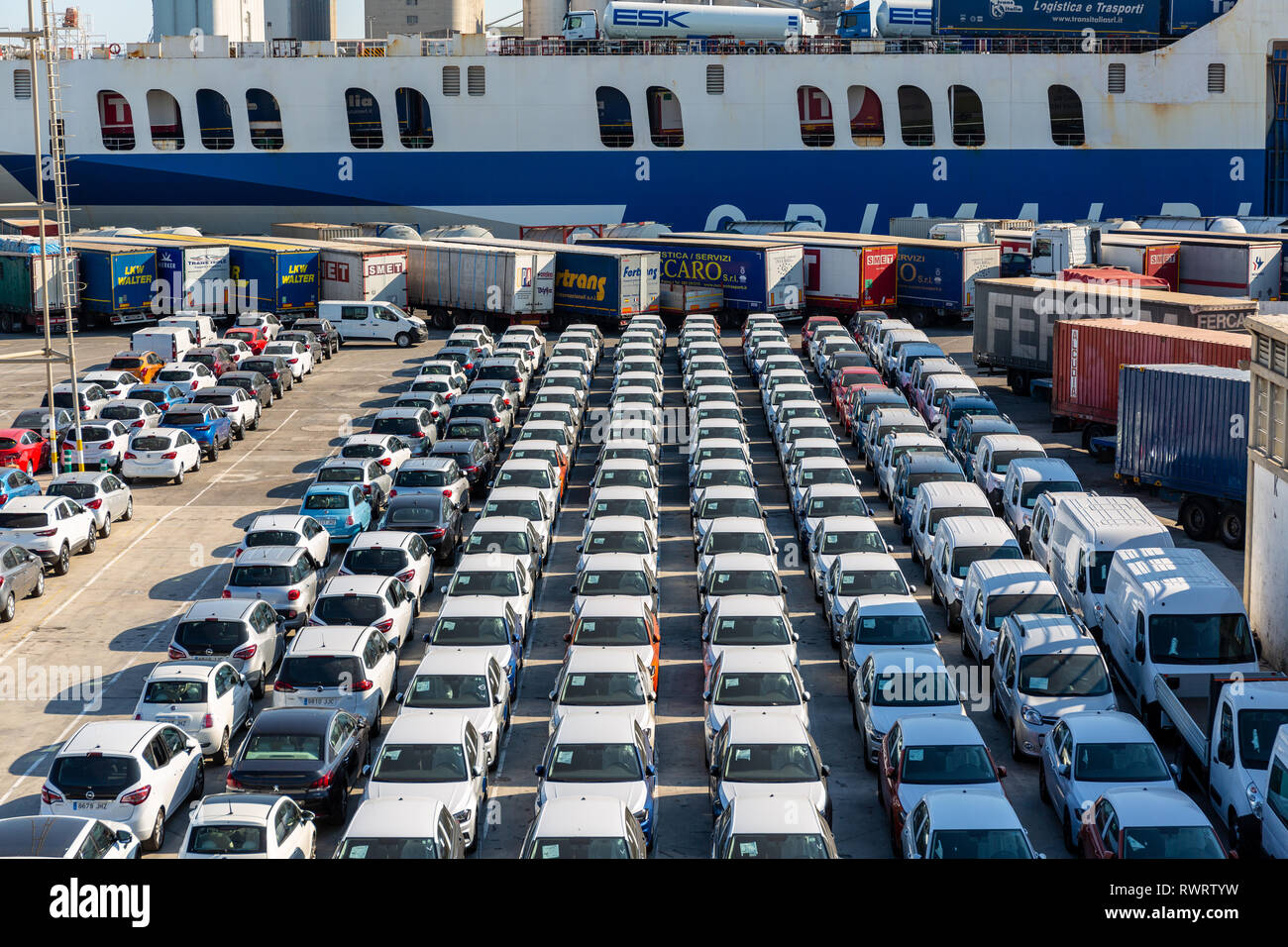 Barcelona, Spain - July 8th 2018 , Cars ready for shipping and export and the harbour of Barcelona Stock Photo