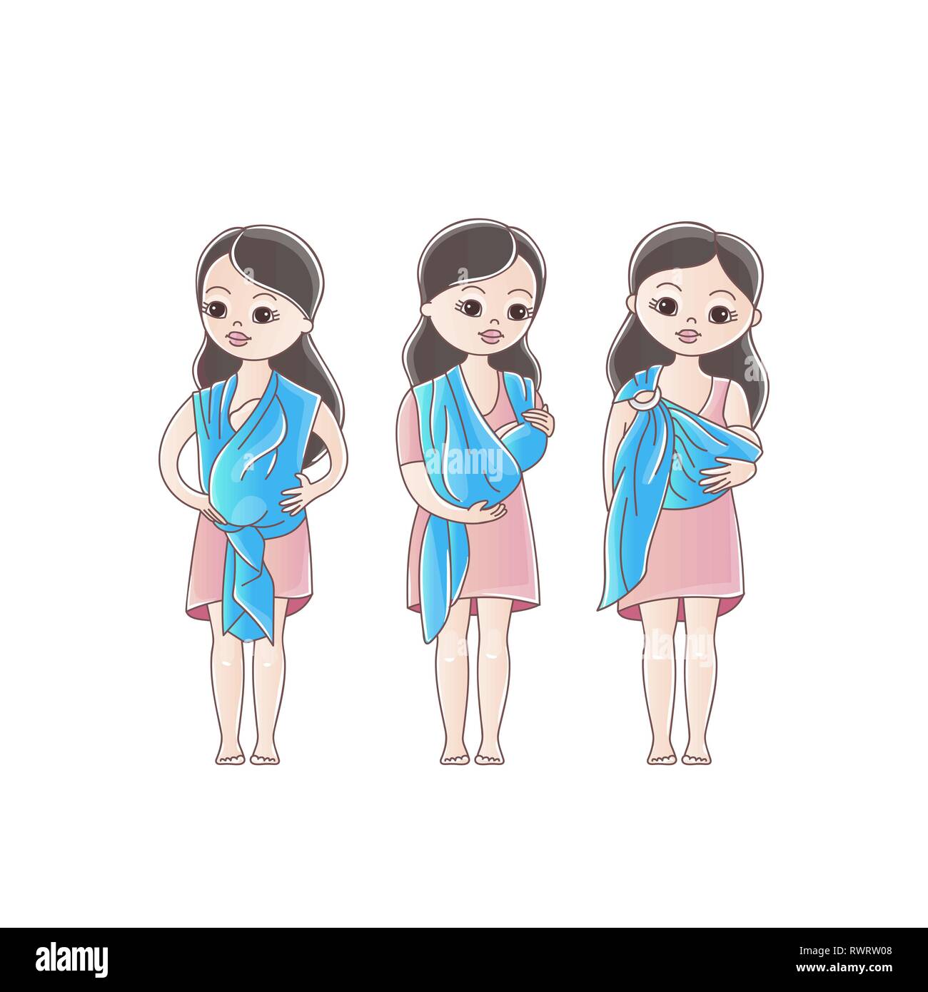 Mothers with his babies in sling scarf. Three positions of baby in