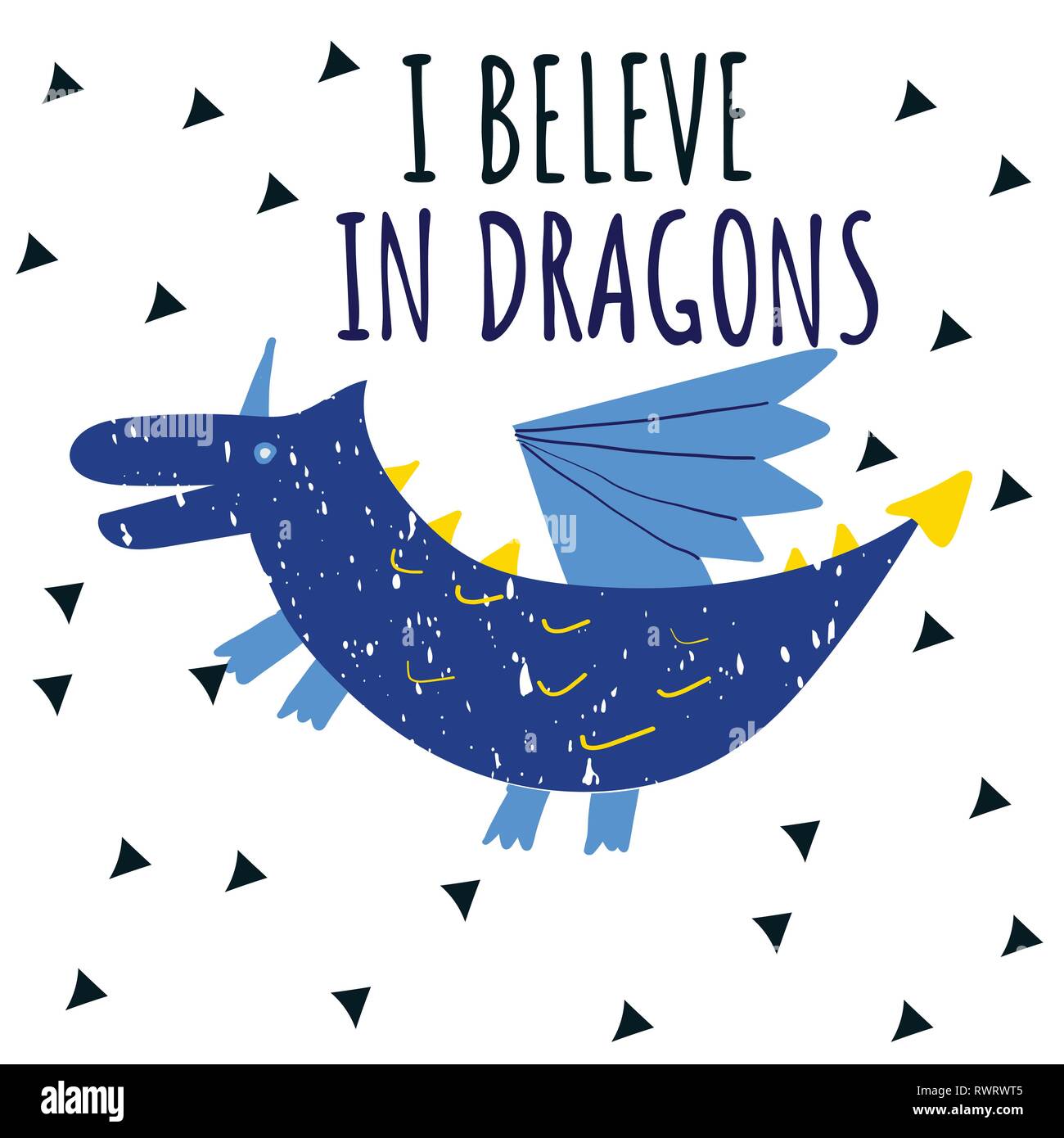 Cute Dragon with text I Believe in Dragons. Vector Illustration. Stock Vector