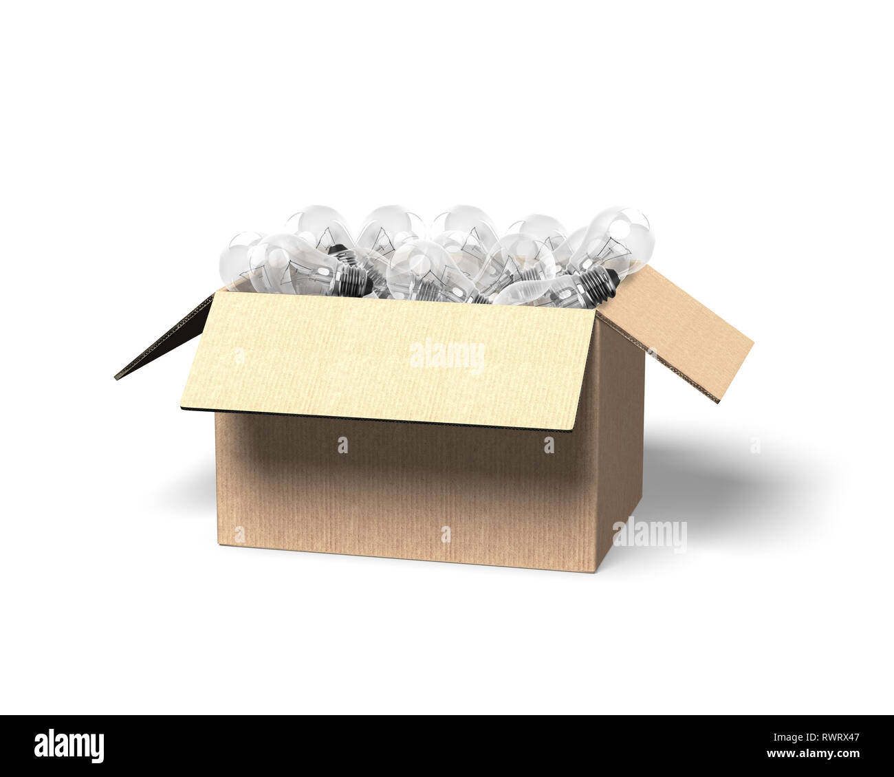 Opened cardboard box with light bulbs, isolated on white background, 3D illustration. Stock Photo