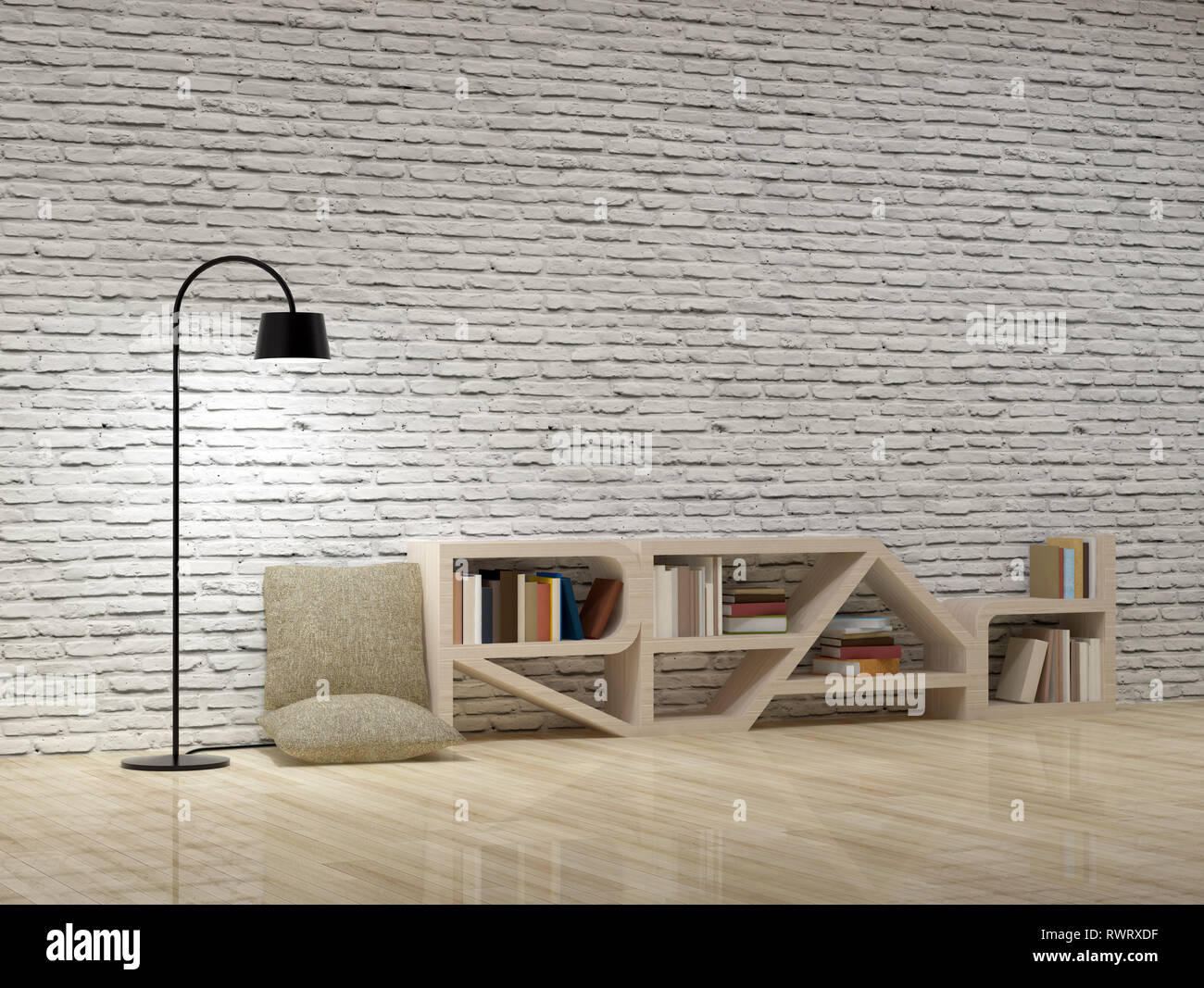 floor-lamp-with-read-bookcase-on-wooden-floor-and-bricks-wall-stock