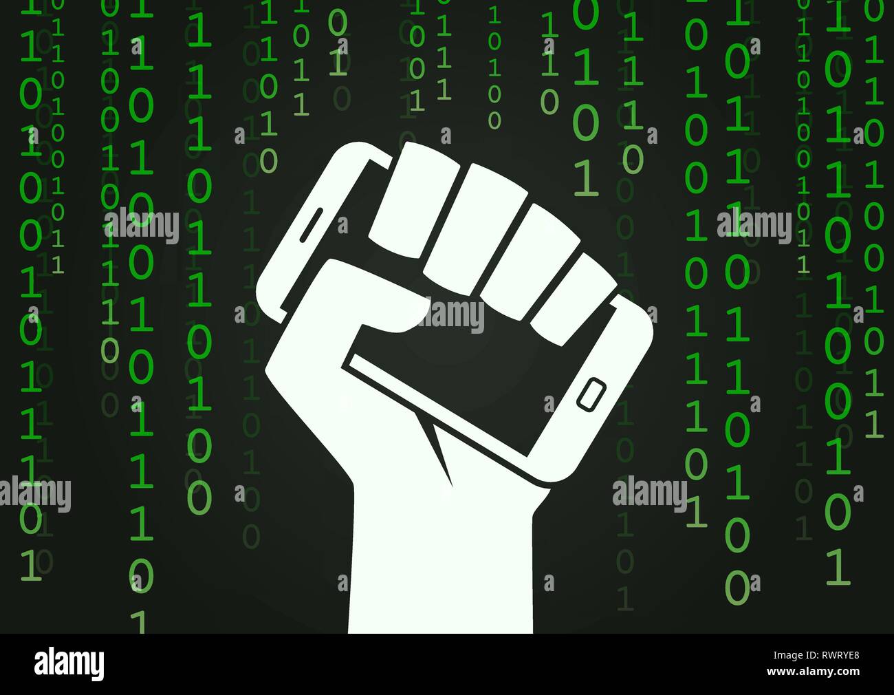 Digital revolution hand holding smartphone symbol matrix hacker style Stock Vector