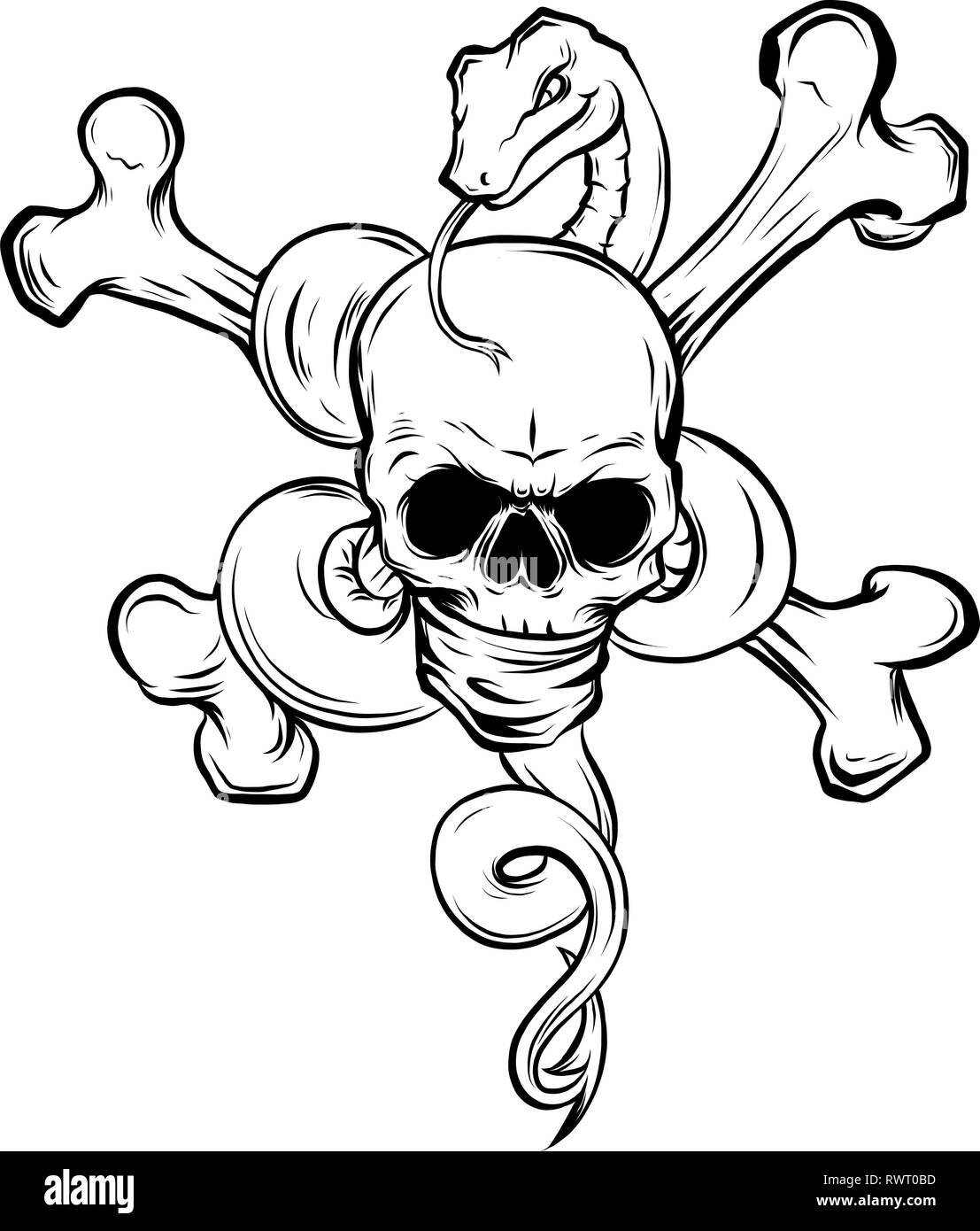 skull twisted by a snake with bones Stock Vector