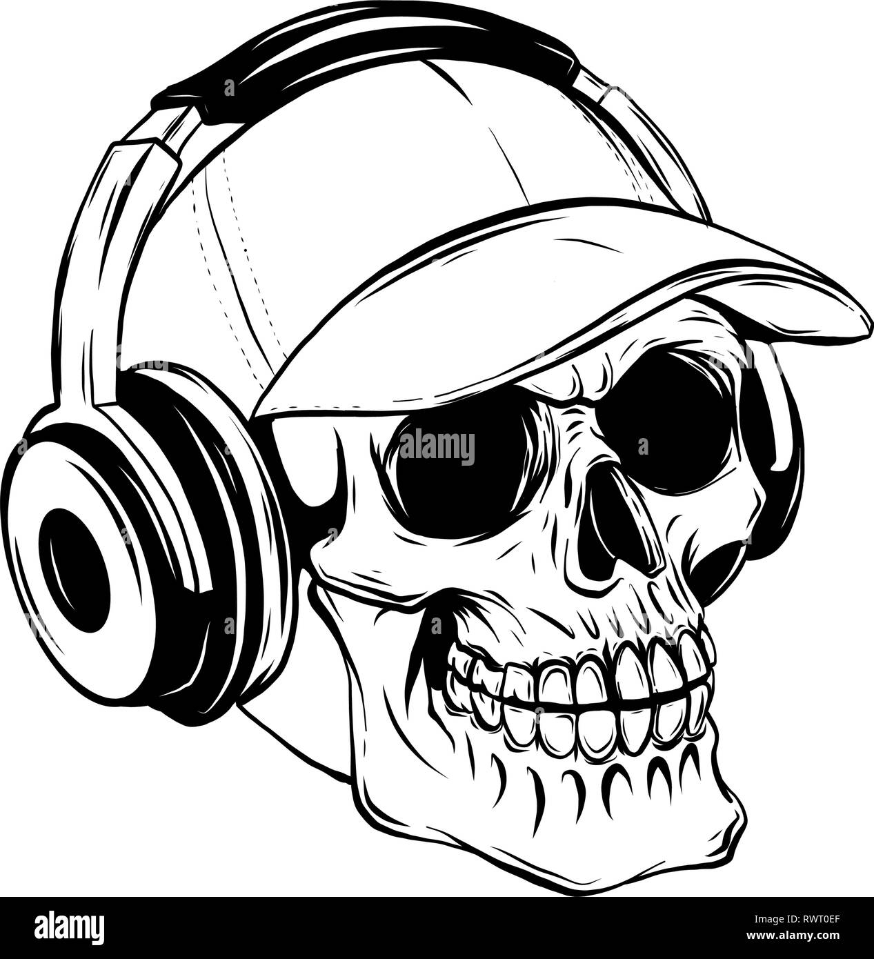 skull with headphones listening to music drawing Stock Vector