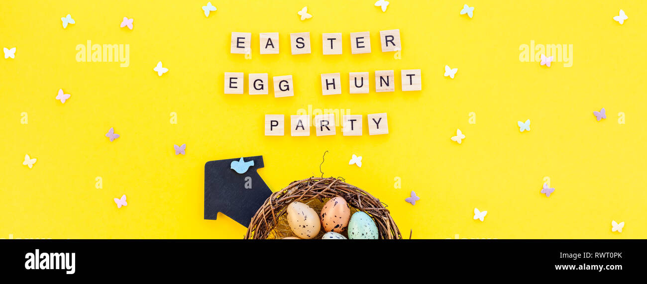 Creative Top view flat lay holiday composition Easter bunny ears eggs ...