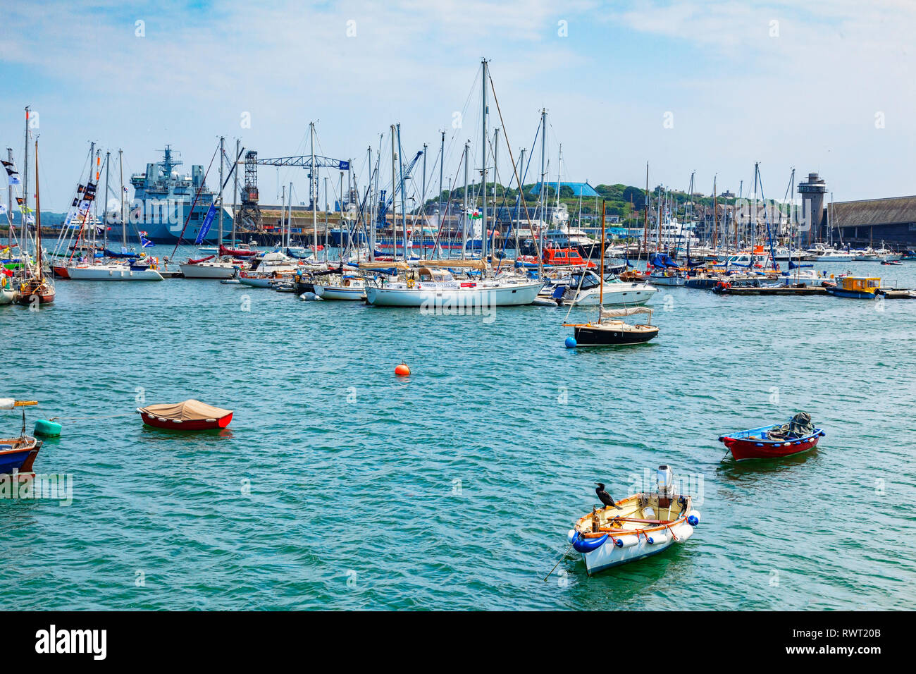 12 June 2018: Falmouth, Cornwall, UK - The harbour, with its mix of naval and civilian boats and ships. Stock Photo