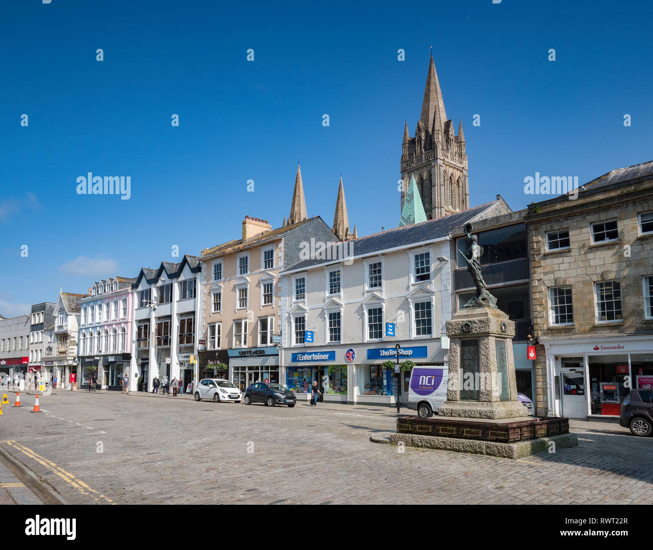 12 June 2018: Truro, Cornwall, UK - Shops in Boscawen Street, Truro Stock Photo