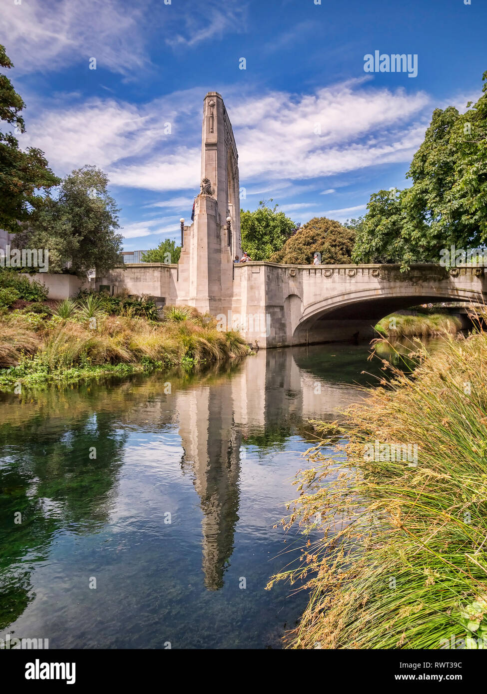 The Bridge of Remembrance and Cashel Street Bridge in the centre of Christchurch, New Zealand, reflected in the River Avon. Stock Photo