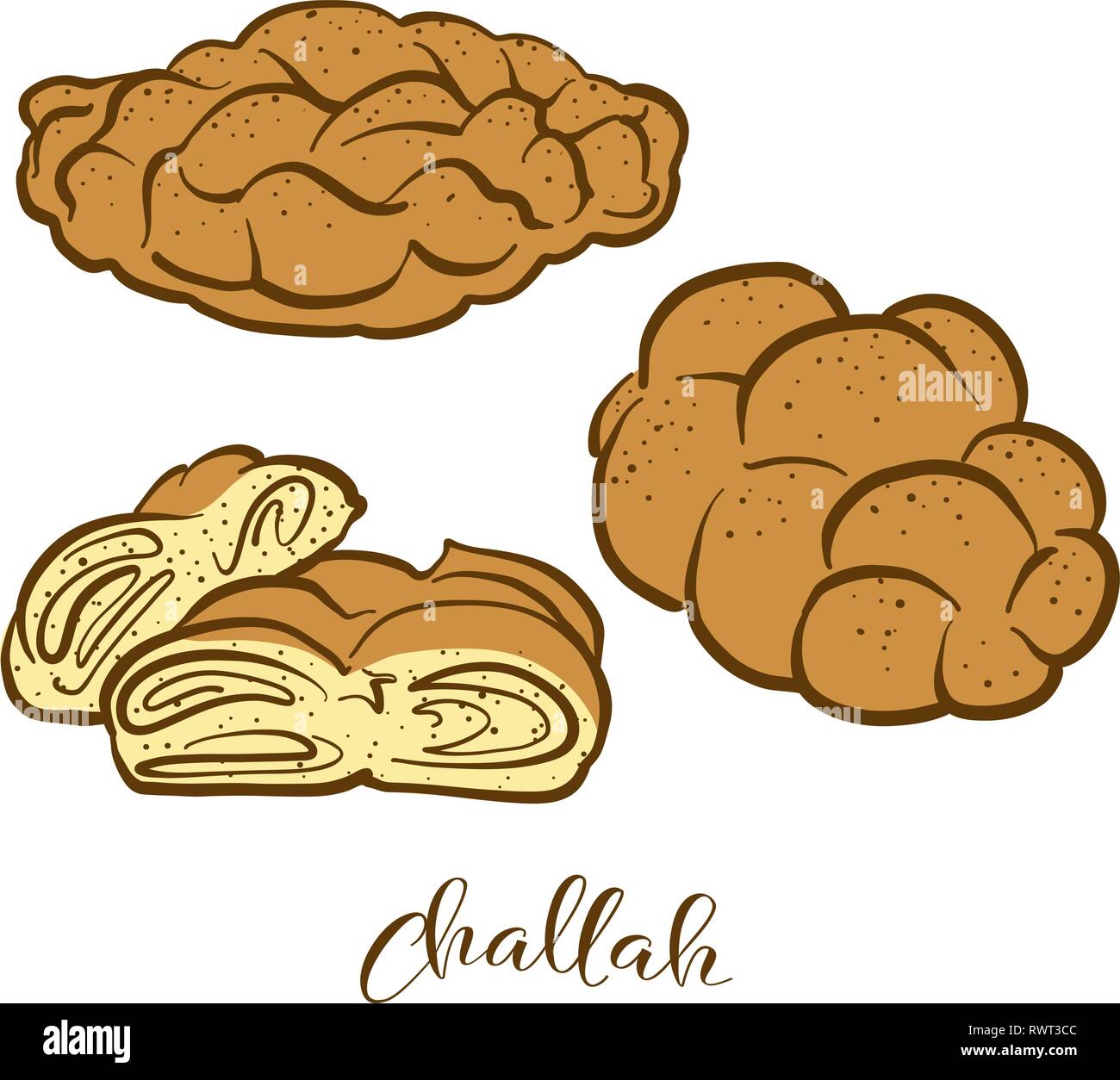 Colored sketches of Challah bread. Vector drawing of Leavened food, usually known in Poland and Israel. Colored Bread illustration series. Stock Vector