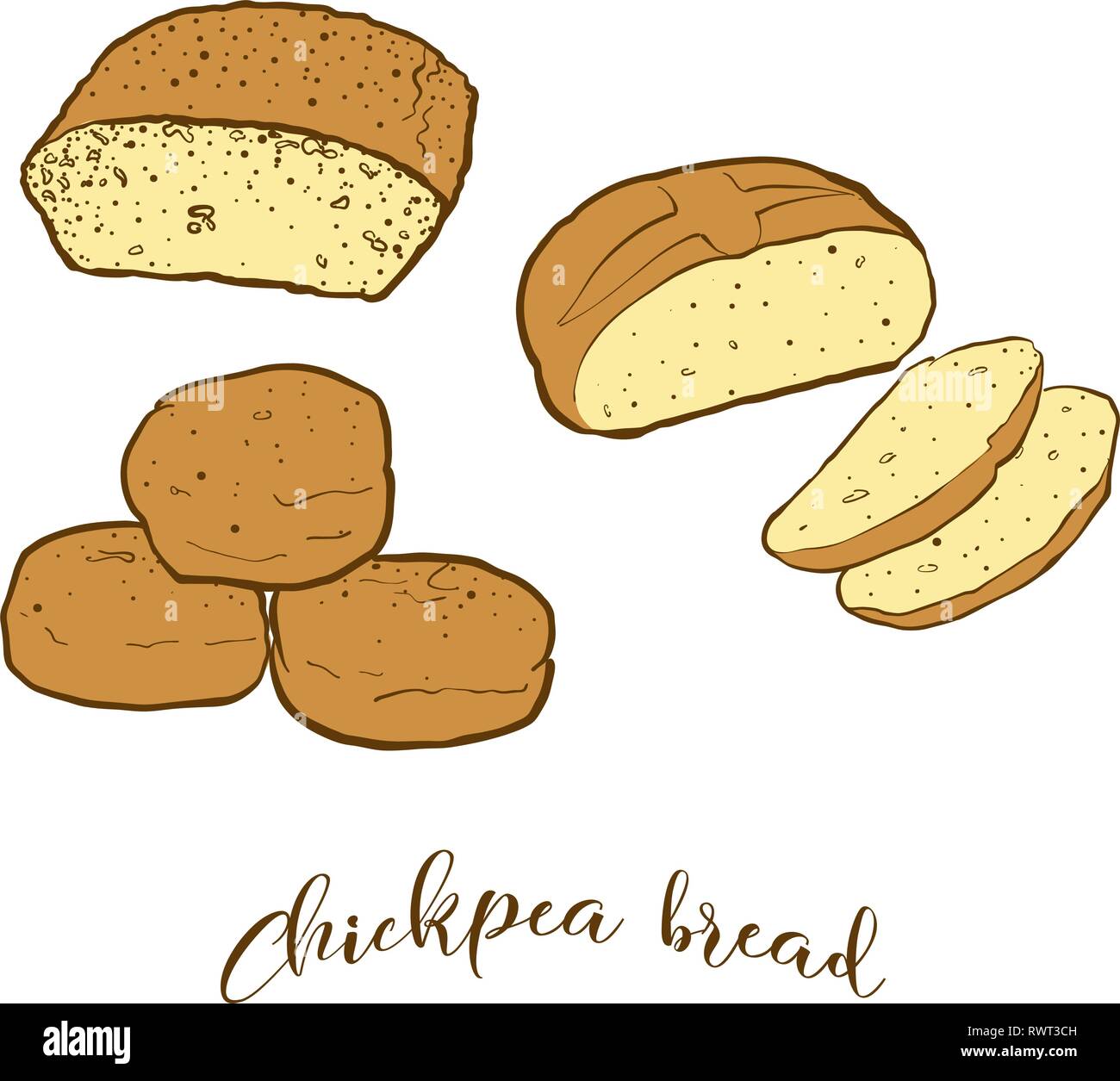 Colored sketches of Chickpea bread bread. Vector drawing of Leavened food, usually known in Albania and Turkey. Colored Bread illustration series. Stock Vector