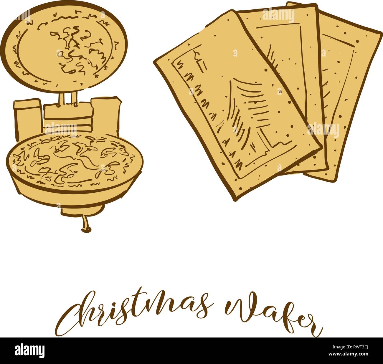 Colored sketches of Christmas wafer bread. Vector drawing of Crispy bread food, usually known in Eastern Europe. Colored Bread illustration series. Stock Vector