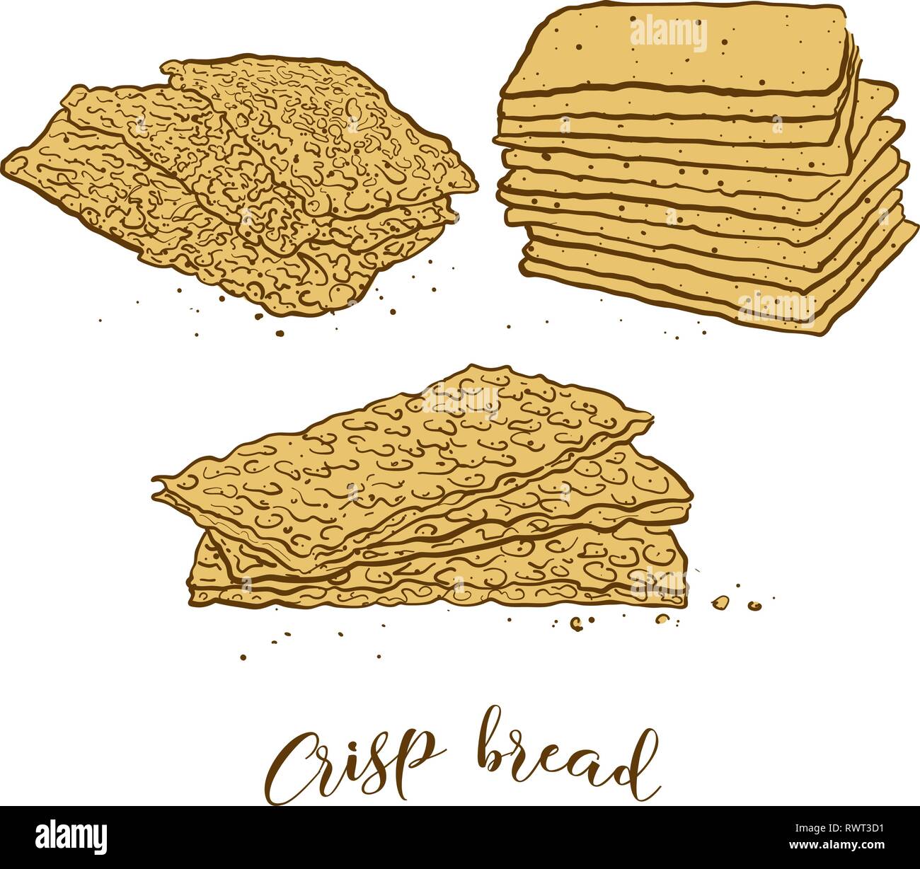 Colored sketches of Crisp bread bread. Vector drawing of Crispy bread food, usually known in Scandinavia. Colored Bread illustration series. Stock Vector